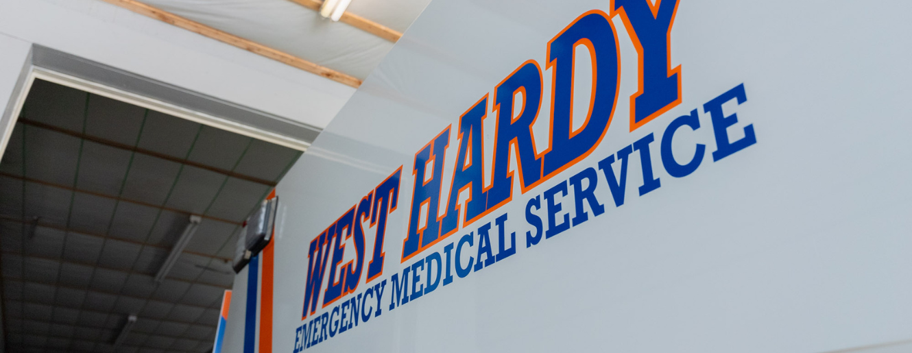 West Hardy Emergency Medical Service sign on an ambulance