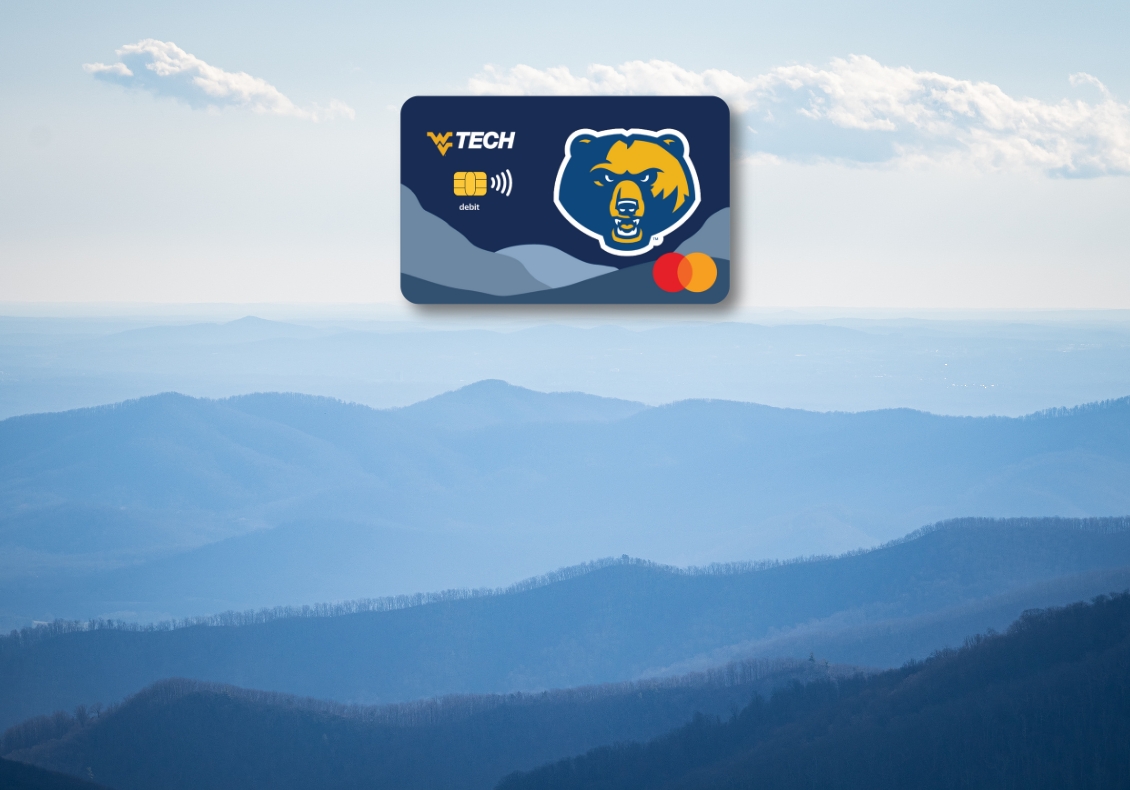 mountain range with wvu tech branded debit card